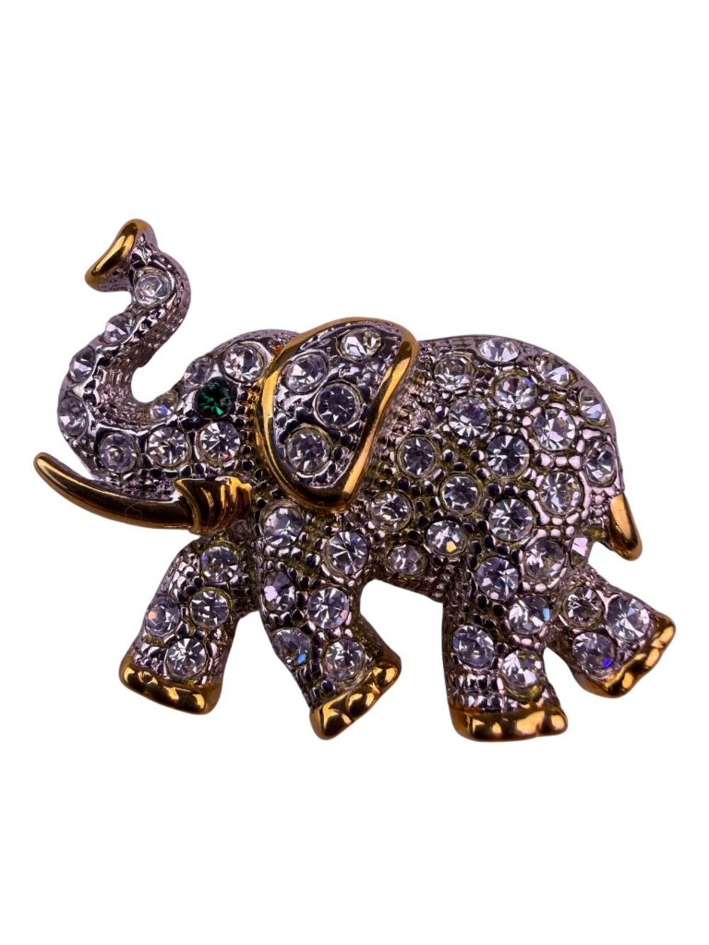 Vintage Gold Tone Rhinestone Elephant Brooch With Green Eye Jewelry Accessory
